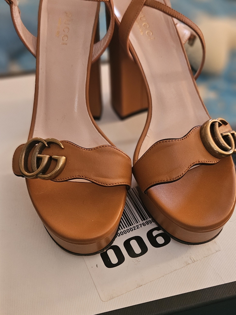 Gucci  "Marmont" COGNAC Leather Platform Sandals - Signature GG Hardware